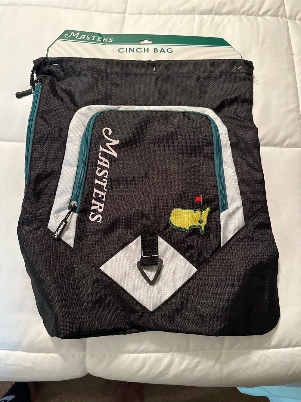 Masters Black Cinch Bag with Teal and White Accents
